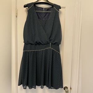 Sleeveless Navy Polka Dot Midi Dress with Gold Piping